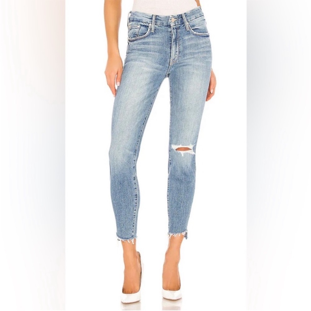 MOTHER Light Blue Ankle Crop Distressed Jeans